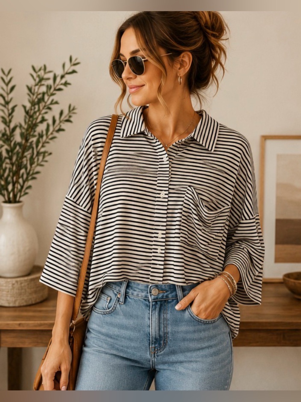 55 POL Black & White Striped Relaxed Button Front Oversized Top Small